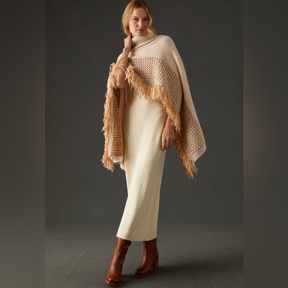 ANTHROPOLOGIE Cropped Fringed Fold-Over Neck Poncho NWOT